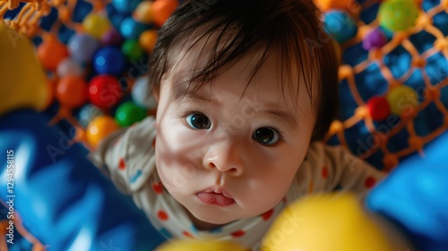A curious Asian baby with big brown eyes looks up from a colorful ball pit, showcasing a moment of innocent wonder and exploration.