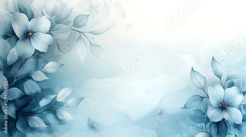 Blue watercolor flowers and leaves on a soft background with gentle textures, copy space