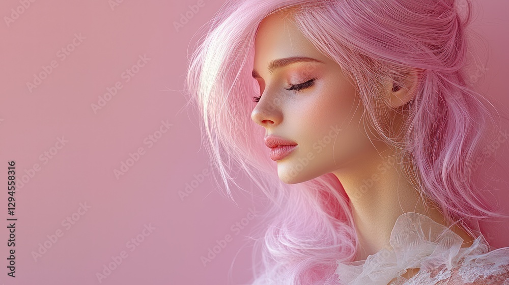 Serene Pink Hair Woman Pastel Beauty Soft Makeup Peaceful Portrait Serene Pink Hair Woman Pastel Beauty Soft Makeup Peaceful Portrait