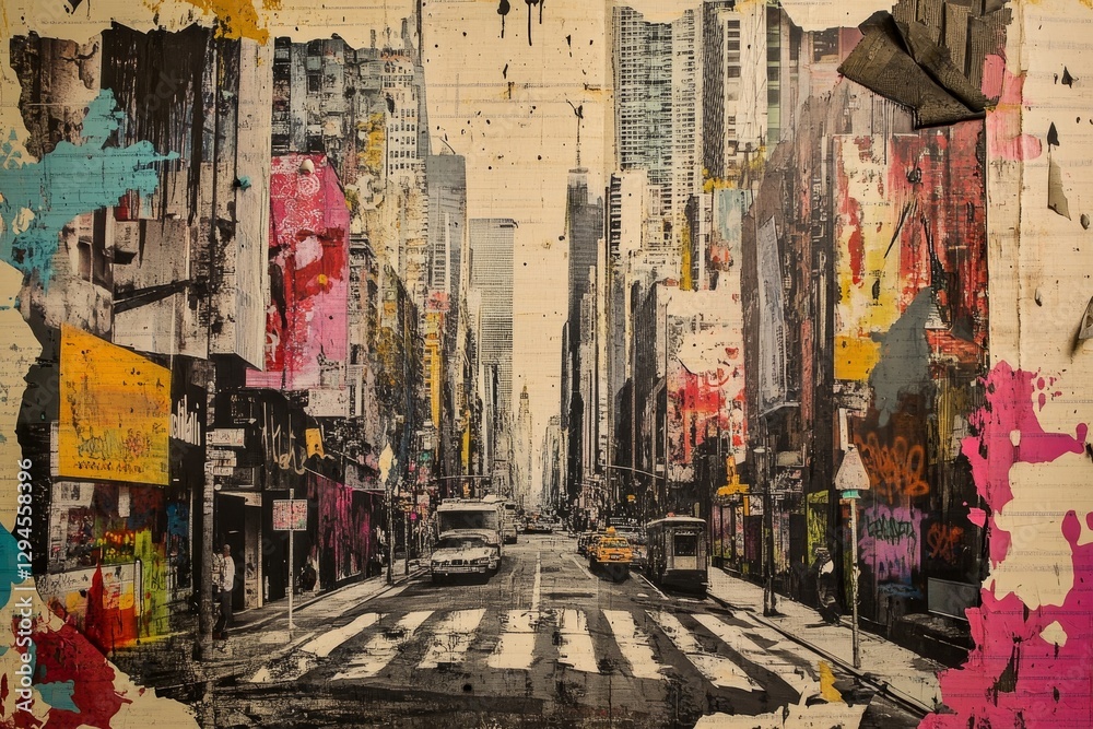 Fototapeta premium Urban street view art with colorful abstract buildings.