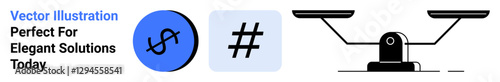Scale with dollar and metadata tag symbols, symbolizing balance in finance, social media, and innovation. Ideal for finance, justice, technology, equality, digital trends business ideas flat