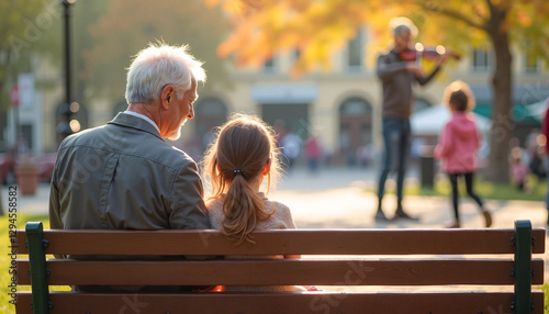 Caring grandfather and little granddaughter enjoying a street performance by a violinist while sitting on a park bench, joyful family bonding concept.