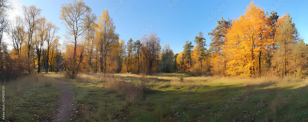 Naklejka premium Panoramic view of an autumn forest with sun rays and a path, colorful trees with golden leaves in the park