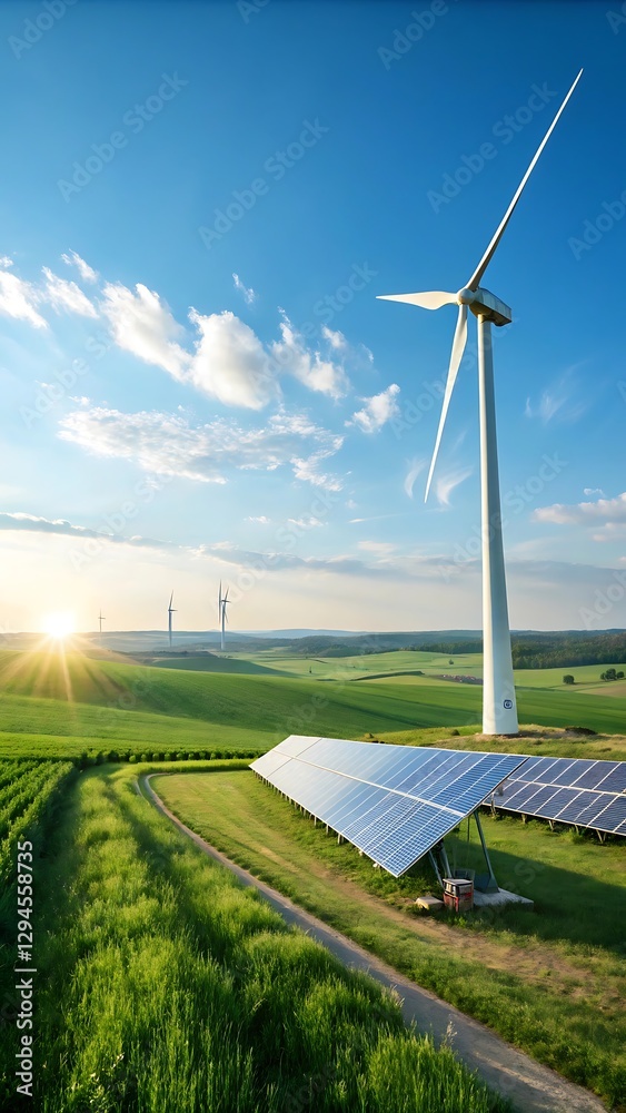 Obraz premium Stunning Sunset Landscape with Solar Panels and Wind Turbines Green Energy Aesthetics
