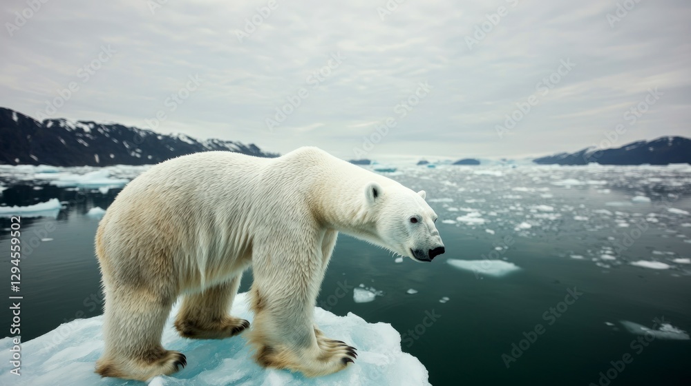 Majestic Polar Bear on Melting Arctic Ice Floe Climate Change Wildlife Conservation Majestic Polar Bear on Melting Arctic Ice Floe Climate Change Wildlife Conservation