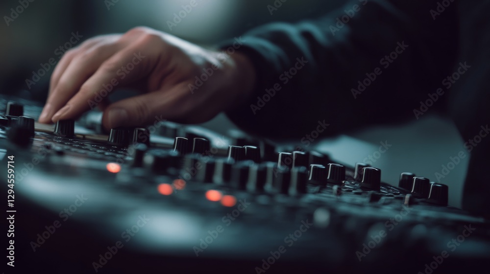 Fototapeta premium A hand skillfully adjusts controls on an audio mixer, highlighting the precision and concentration in creating perfect soundscapes.