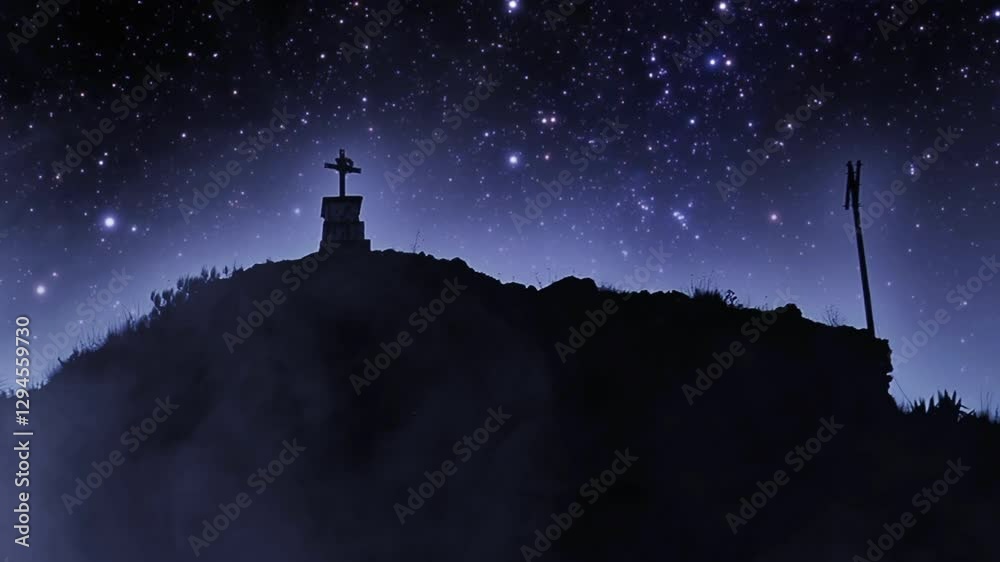 Meteor Falling Over a Misty Hill With a Catholic Cross Shrine at Night Meteor Falling Over a Misty Hill With a Catholic Cross Shrine at Night