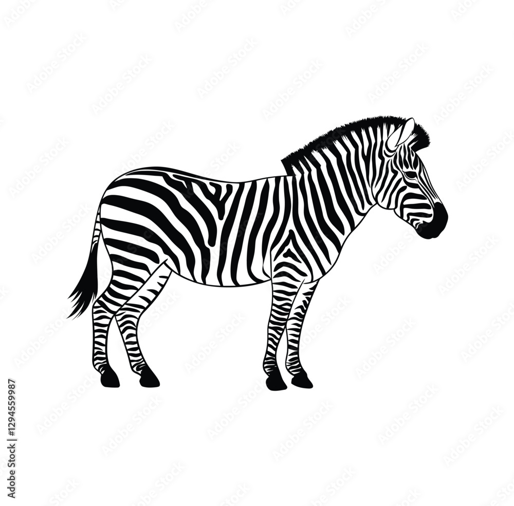 Naklejka premium Black and White Zebra Vector Illustration – Animal Silhouette on White Background