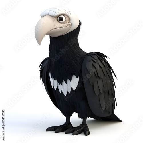 3D Rendered Cartoon Vulture Black And White Plumage Against White Background photo