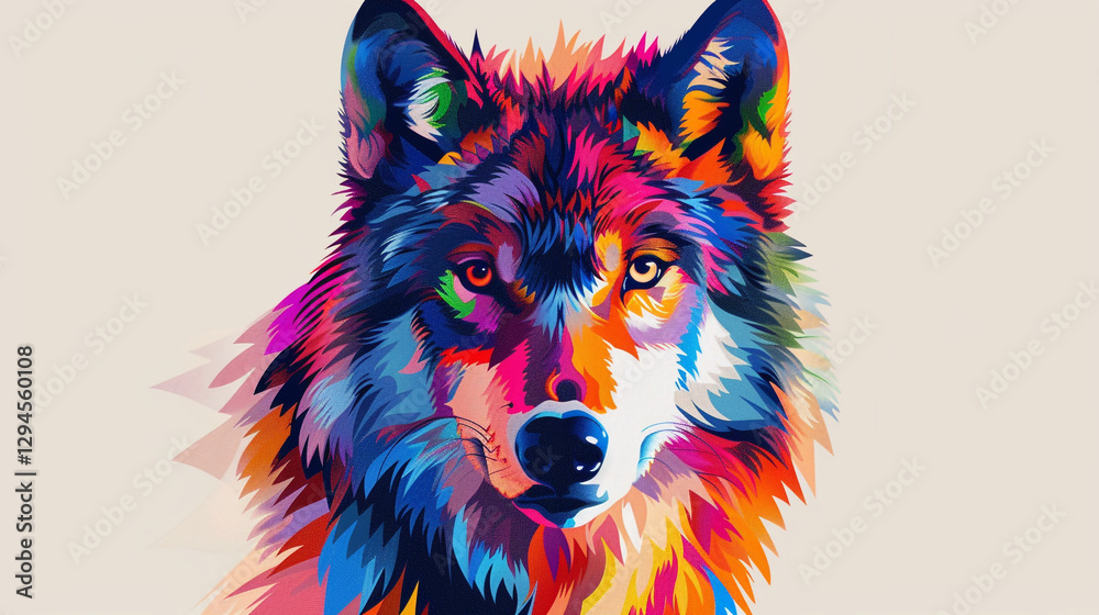 Fototapeta A majestic wolf portrait bursting with vibrant splashes of color on a white background
