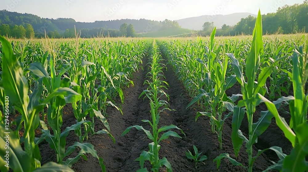 Rows of bright green corn stalks in a neatly planted field Rows of bright green corn stalks in a neatly planted field