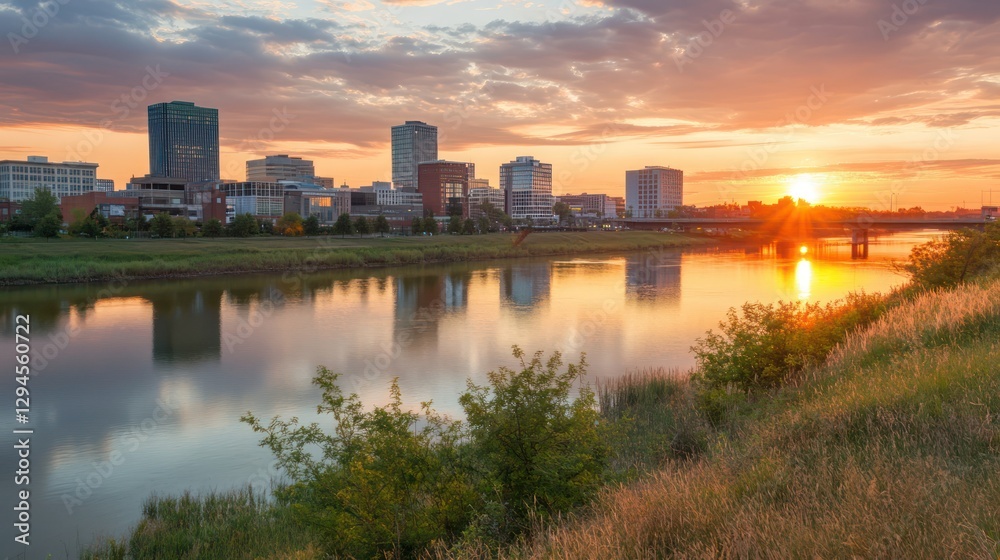Sunset over city skyline reflecting on calm river Sunset over city skyline reflecting on calm river