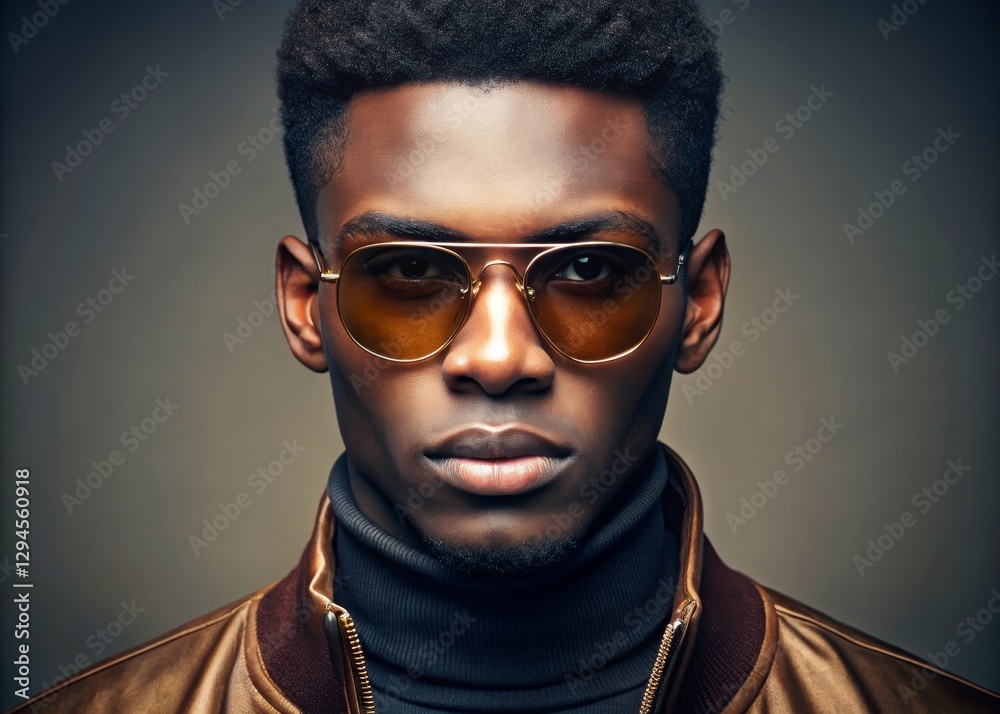 Fototapeta premium Young black man with hightop fade hairstyle wearing retro sunglasses posing in urban environment for modern portrait photography