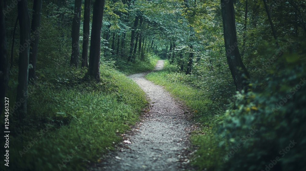 Fototapeta premium Serene woodland path leads through a dense, leafy forest, inviting exploration and adventure.