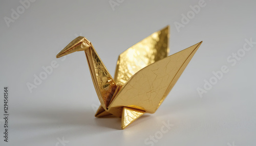 Golden origami crane folded from foil paper, symbolizing elegance and craftsmanship, isolated on a white background.