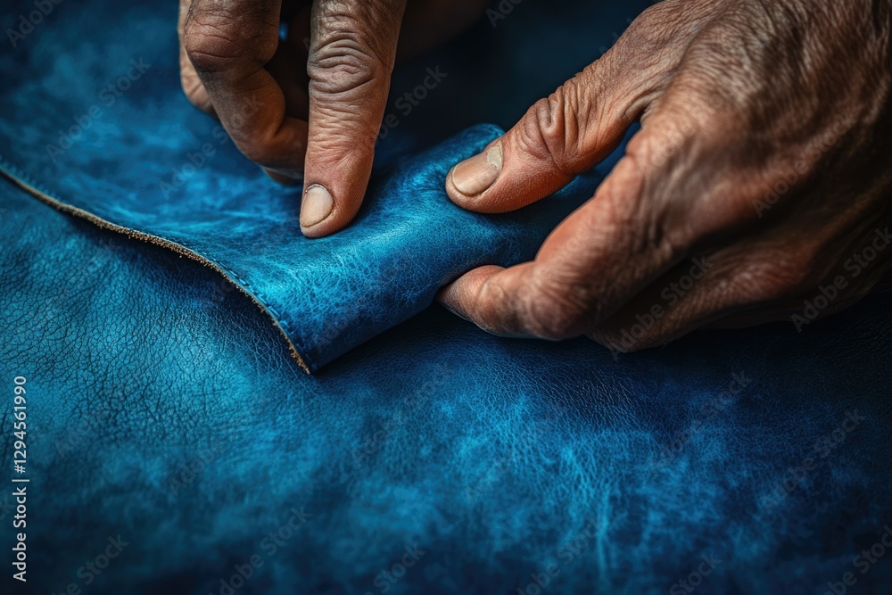 Fototapeta premium Close-up of hands working with rich, blue leather, showcasing the texture and craftsmanship.