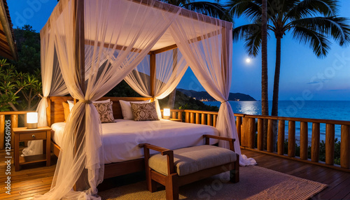 Romantic outdoor bedroom setup with mosquito net by the beach, tranquility