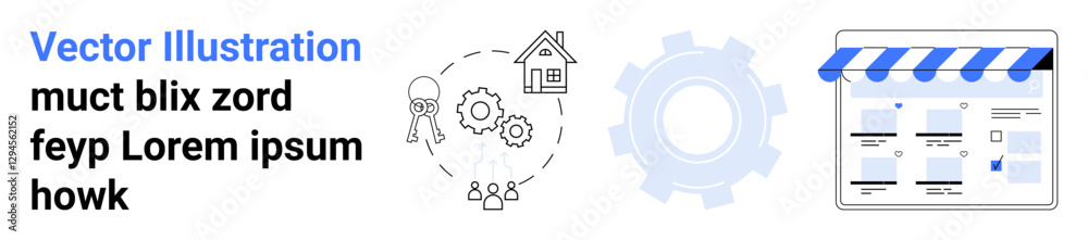 Gear icon with social icon, house symbol, and online storefront. Ideal for business processes, ecommerce, teamwork, real estate, online services digital transformation automation concepts. Landing Gear icon with social icon, house symbol, and online storefront. Ideal for business processes, ecommerce, teamwork, real estate, online services digital transformation automation concepts. Landing