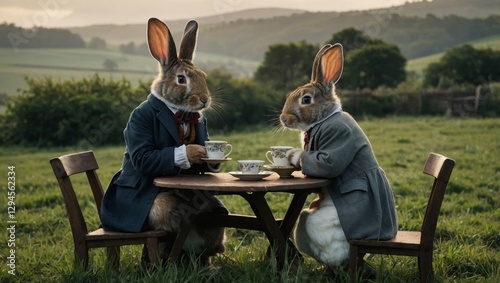 Two rabbits dressed in vintage suits are having tea in a countryside setting. The scene looks whimsical and surreal, with a picturesque landscape in the background