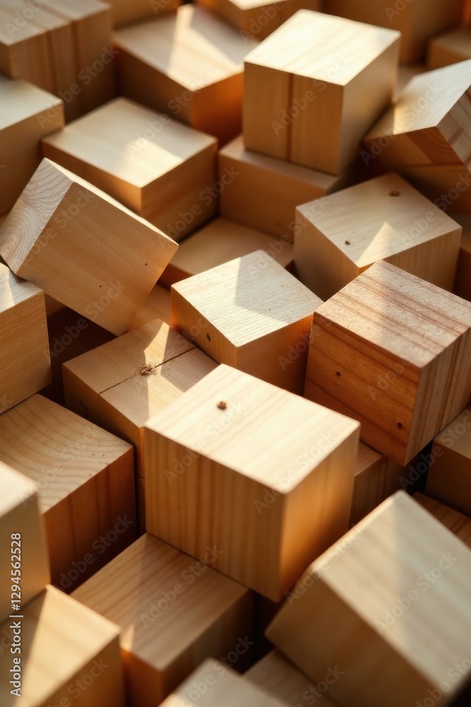 A Collection of Warm-Toned Wooden Cubes Illuminated by Sunlight, Creating a Textural and Abstract Composition of Natural Light and Shadow on Unfinished Wood A Collection of Warm-Toned Wooden Cubes Illuminated by Sunlight, Creating a Textural and Abstract Composition of Natural Light and Shadow on Unfinished Wood
