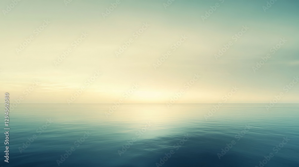 Fototapeta premium Golden sunlight reflects on endless ocean, merging horizon and sky into a tranquil, seamless scene that exudes peace and natural harmony.
