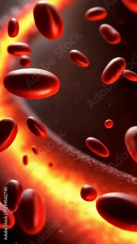 movement through a human artery with red blood cells flowing dynamically, illustrating circulation, oxygen transport, and cardiovascular system in a microscopic view