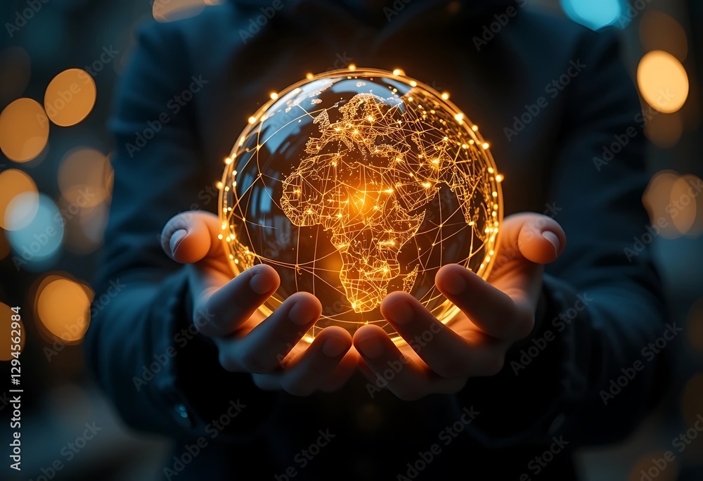 Fototapeta premium Human hand holding glowing earth with technology and global connection