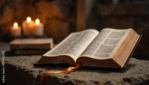 Sacred Bible on stone altar with candlelight, spiritual reflection