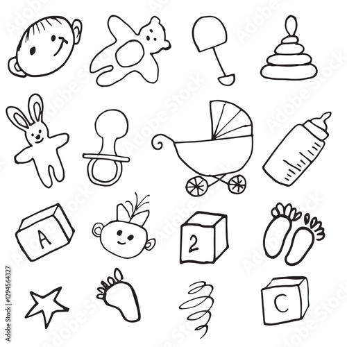 baby items objects for Newborns babies Toys Clothes Stroller Vector Set Graphics doodle Hand drawn Illustration base for textile Design tableware and printing