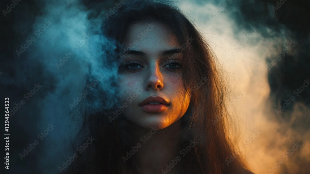 A young woman with captivating features stands amidst vibrant smoke during twilight. The interplay of light and color creates an enchanting atmosphere around her A young woman with captivating features stands amidst vibrant smoke during twilight. The interplay of light and color creates an enchanting atmosphere around her