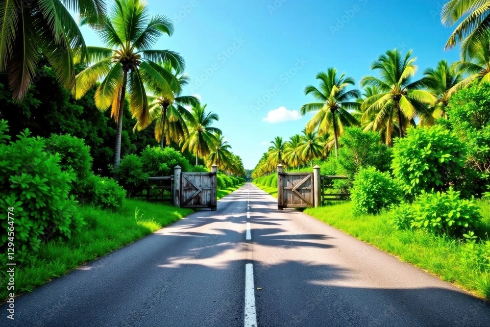 Serene Tropical Roadway Leading Through Lush Palm Tree Lined Avenue with Open Wooden Gates