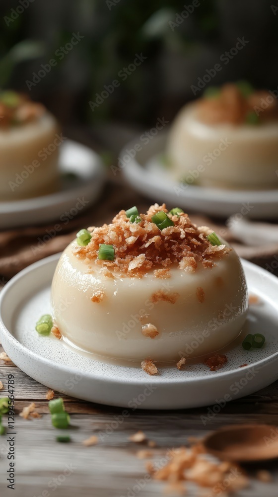 Delicious savory pudding with crispy toppings served on rustic wooden table Delicious savory pudding with crispy toppings served on rustic wooden table