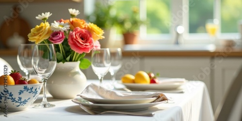 Wallpaper Mural A bright, sunny morning table setting with colorful flowers and fresh fruit Torontodigital.ca