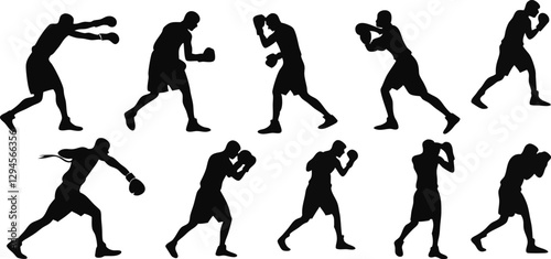 Dynamic boxer silhouettes in vector design for sports, fitness, and athletic themes, showcasing various boxing stances