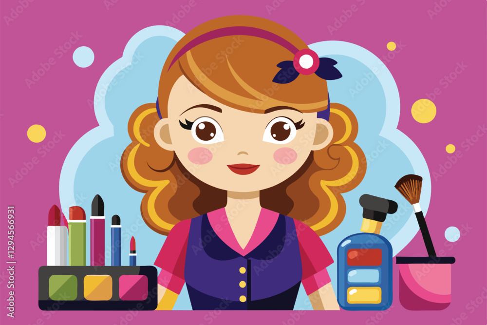 A cartoon makeup artist is ready to create looks with various cosmetics and tools on display, Makeup artist Customizable Cartoon Illustration A cartoon makeup artist is ready to create looks with various cosmetics and tools on display, Makeup artist Customizable Cartoon Illustration