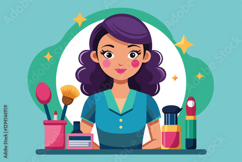 A friendly makeup artist showcases her tools and cosmetics in a vibrant, illustrative style, Makeup artist Customizable Cartoon Illustration