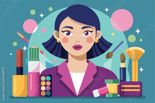 A makeup artist stands surrounded by colorful cosmetics and tools, ready to create unique looks, Makeup artist Customizable Disproportionate Illustration