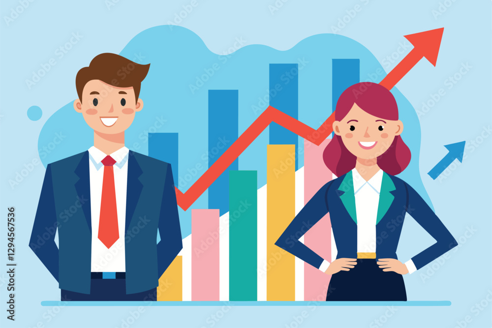 A male and female business team stands confidently alongside a rising growth graph illustrating success, male and female business jobs with upward graph A male and female business team stands confidently alongside a rising growth graph illustrating success, male and female business jobs with upward graph