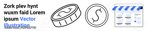 Coins next to online store interface indicating e-commerce and digital currency use. Ideal for e-commerce, online retail, digital transactions, fintech, cryptocurrency, virtual shopping, app