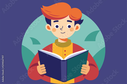 A boy with orange hair enjoys a book, immersed in reading, in a vibrant and serene setting, Male character is reading a book