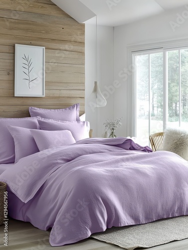 Bedroom showing a bed with light purple bedding photo