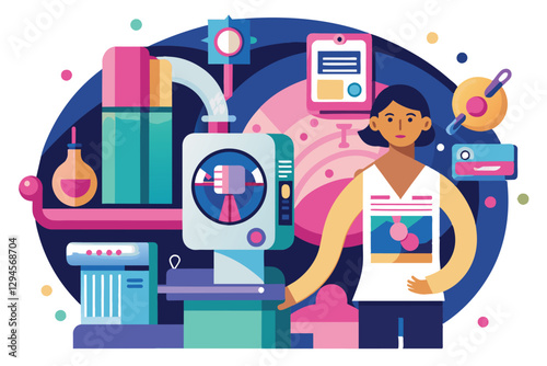 A vibrant illustration features a customizable mammography machine with health tech elements and a healthcare worker, Mammography Customizable Disproportionate Illustration