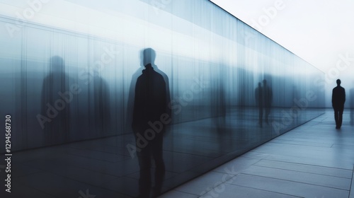 A lone figure walks past a translucent wall, their silhouette reflected like ghosts in the mirrored surface, creating an ethereal scene.