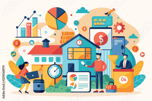 An illustration shows individuals handling finances at home using charts, tools, and planning strategies, Manage household finances trending