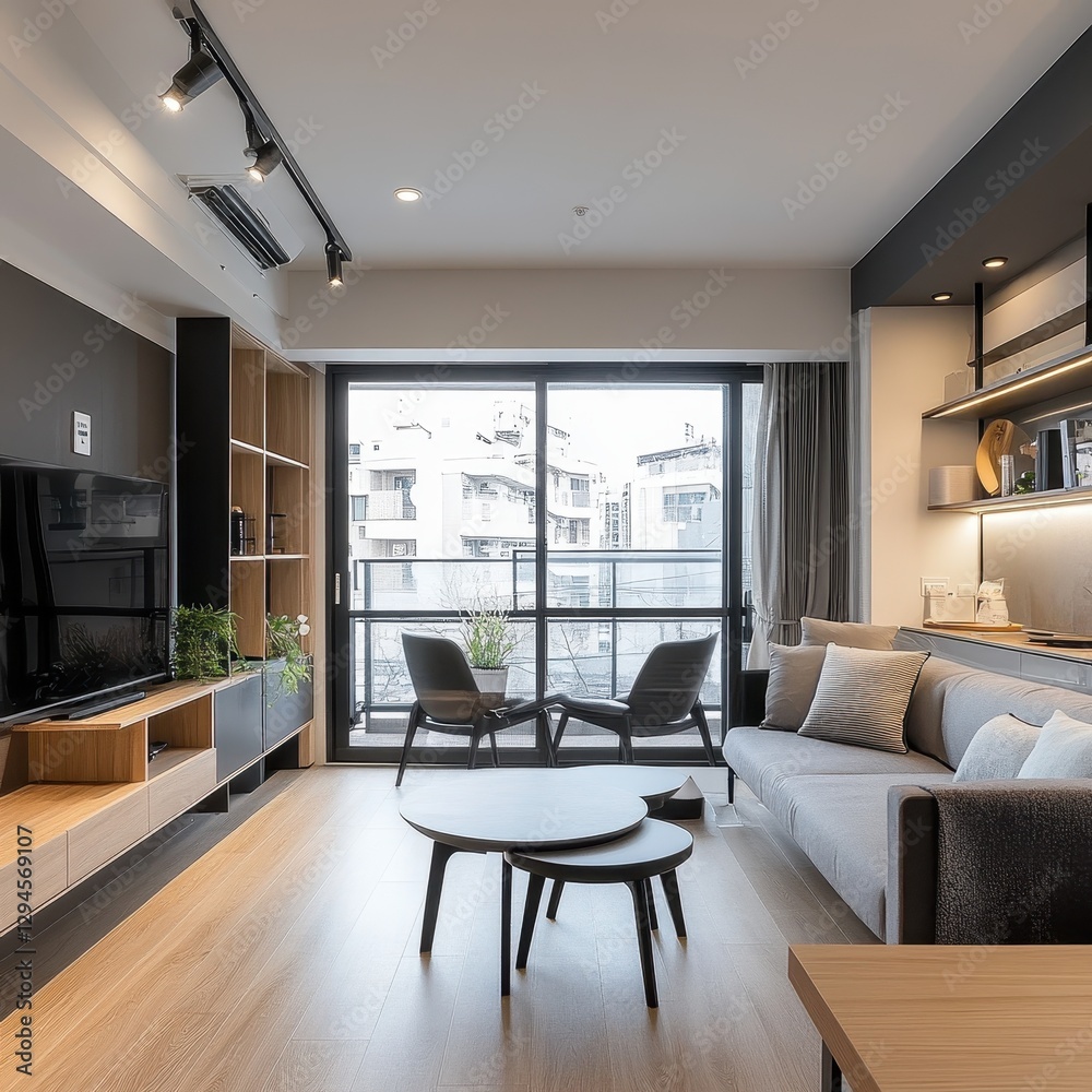 Fototapeta premium A modern interior living room with a wooden aesthetic