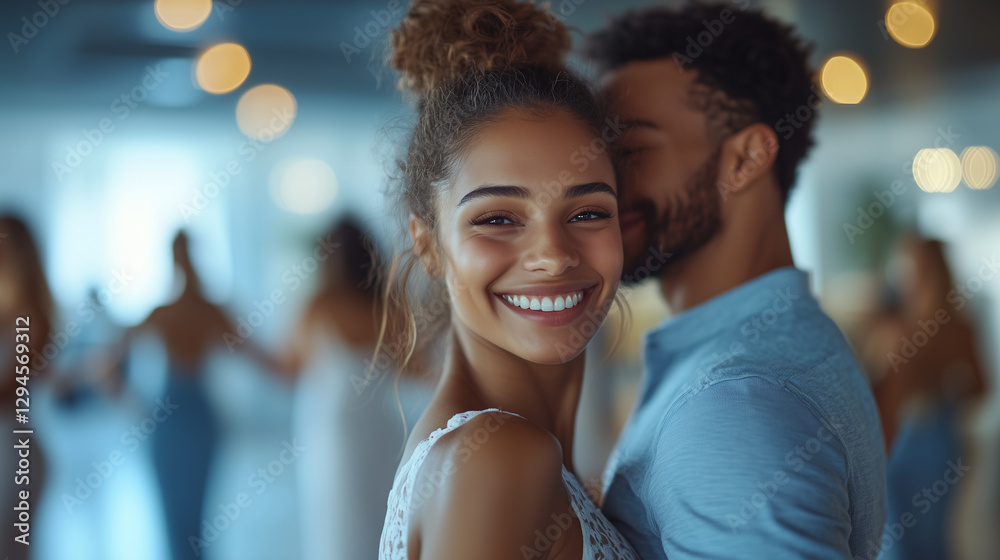 Smiling couple dancing at a social event with warm ambient lighting, perfect for lifestyle and romance photography Smiling couple dancing at a social event with warm ambient lighting, perfect for lifestyle and romance photography