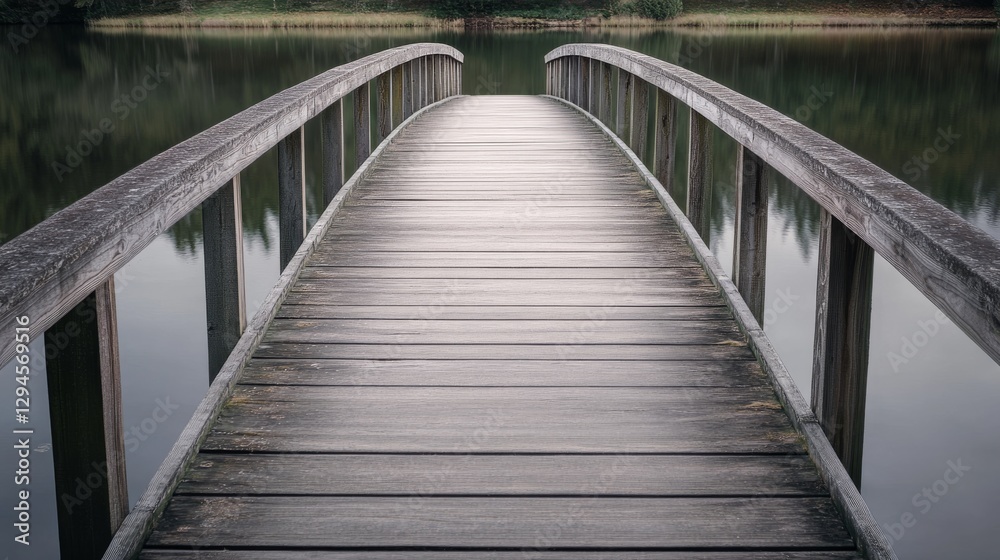 Obraz premium A weathered wooden bridge curves gently over calm waters, enveloped in serene natural surroundings, inviting reflection and peaceful passage.