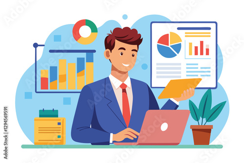 A manager is auditing business data using a laptop while reviewing charts and reports, Manager auditing business data