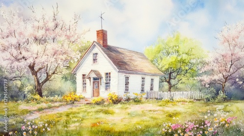 Watercolor painting of a one-room schoolhouse, surrounded by blooming spring flowers
