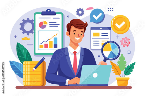 A professional manager analyzes business data on a laptop while reviewing documents and graphs, manager auditing business data concept flat